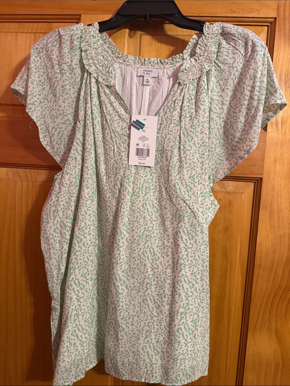 crown & ivy White Blouse with Light Green Ditsy Print and Ruffled Neck